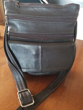 Leather Brown Vintage Crossbody Bag Multi Zip Organizer Purse